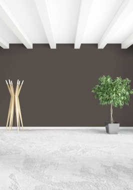 Beyaz yatak odası en az stil iç tasarım ahşap duvar ve gri Kanepeli. 3D render. 3D çizim