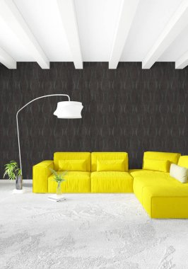 Beyaz yatak odası en az stil iç tasarım ahşap duvar ve gri Kanepeli. 3D render. 3D çizim