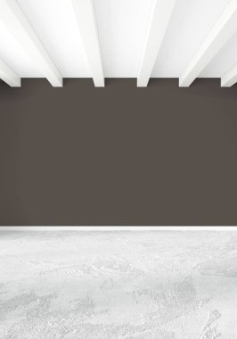 Beyaz yatak odası en az stil iç tasarım ahşap duvar ve gri Kanepeli. 3D render. 3D çizim