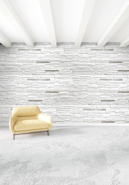 Beyaz yatak odası en az stil iç tasarım ahşap duvar ve gri Kanepeli. 3D render. 3D çizim