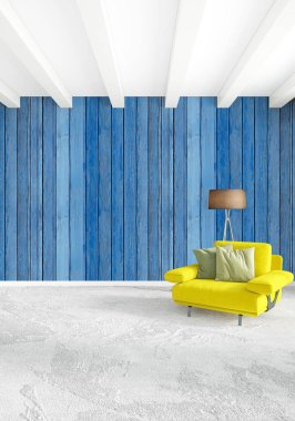 Beyaz yatak odası en az stil iç tasarım ahşap duvar ve gri Kanepeli. 3D render. 3D çizim