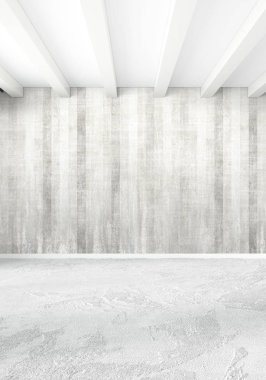 Beyaz yatak odası en az stil iç tasarım ahşap duvar ve gri Kanepeli. 3D render. 3D çizim