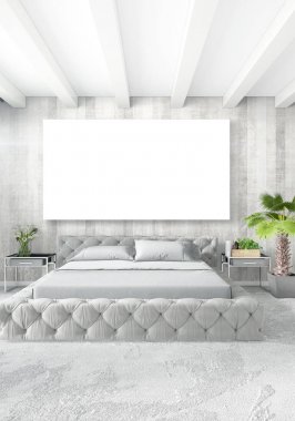 Beyaz yatak odası en az stil iç tasarım ahşap duvar ve gri Kanepeli. 3D render. 3D çizim