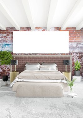 Beyaz yatak odası en az stil iç tasarım ahşap duvar ve gri Kanepeli. 3D render. 3D çizim