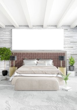 Beyaz yatak odası en az stil iç tasarım ahşap duvar ve gri Kanepeli. 3D render. 3D çizim