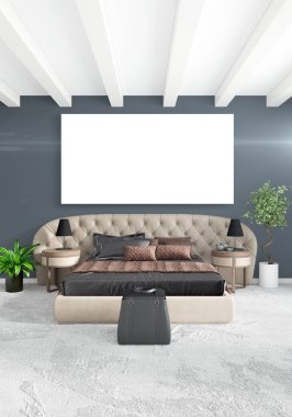 Beyaz yatak odası en az stil iç tasarım ahşap duvar ve gri Kanepeli. 3D render. 3D çizim