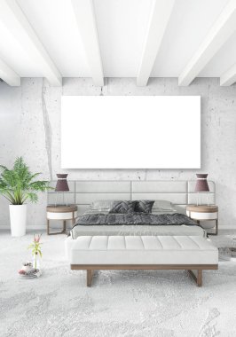Beyaz yatak odası en az stil iç tasarım ahşap duvar ve gri Kanepeli. 3D render. 3D çizim