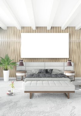 Beyaz yatak odası en az stil iç tasarım ahşap duvar ve gri Kanepeli. 3D render. 3D çizim
