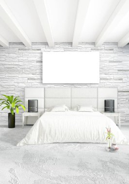 Beyaz yatak odası en az stil iç tasarım ahşap duvar ve gri Kanepeli. 3D render. 3D çizim