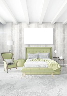 Beyaz yatak odası en az stil iç tasarım ahşap duvar ve gri Kanepeli. 3D render. 3D çizim