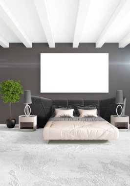 Beyaz yatak odası en az stil iç tasarım ahşap duvar ve gri Kanepeli. 3D render. 3D çizim