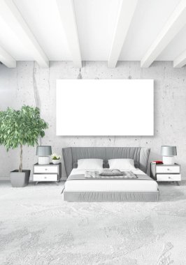 Beyaz yatak odası en az stil iç tasarım ahşap duvar ve gri Kanepeli. 3D render. 3D çizim