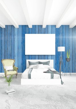Beyaz yatak odası en az stil iç tasarım ahşap duvar ve gri Kanepeli. 3D render. 3D çizim