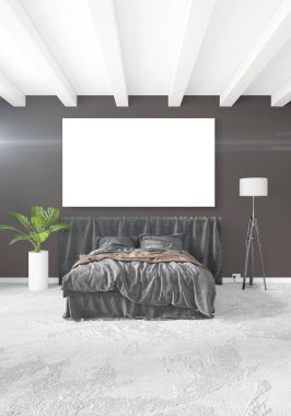 Beyaz yatak odası en az stil iç tasarım ahşap duvar ve gri Kanepeli. 3D render. 3D çizim