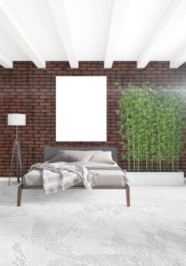 Beyaz yatak odası en az stil iç tasarım ahşap duvar ve gri Kanepeli. 3D render. 3D çizim