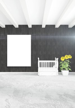 Beyaz yatak odası en az stil iç tasarım ahşap duvar ve gri Kanepeli. 3D render. 3D çizim