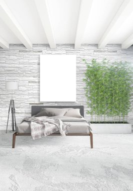 Beyaz yatak odası en az stil iç tasarım ahşap duvar ve gri Kanepeli. 3D render. 3D çizim