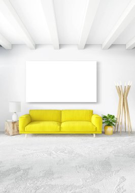 Beyaz yatak odası en az stil iç tasarım ahşap duvar ve gri Kanepeli. 3D render. 3D çizim