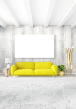 Beyaz yatak odası en az stil iç tasarım ahşap duvar ve gri Kanepeli. 3D render. 3D çizim