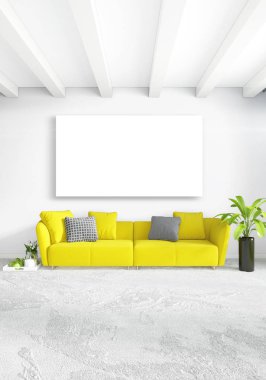 Beyaz yatak odası en az stil iç tasarım ahşap duvar ve gri Kanepeli. 3D render. 3D çizim