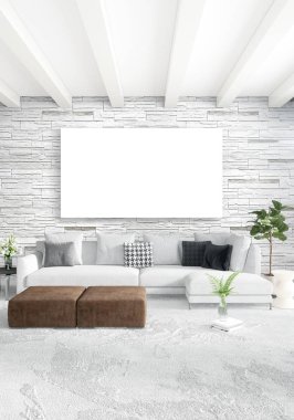 Beyaz yatak odası en az stil iç tasarım ahşap duvar ve gri Kanepeli. 3D render. 3D çizim