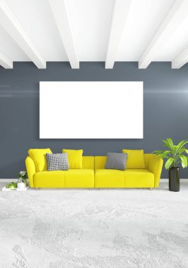 Beyaz yatak odası en az stil iç tasarım ahşap duvar ve gri Kanepeli. 3D render. 3D çizim