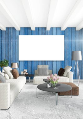 Beyaz yatak odası en az stil iç tasarım ahşap duvar ve gri Kanepeli. 3D render. 3D çizim