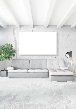 Beyaz yatak odası en az stil iç tasarım ahşap duvar ve gri Kanepeli. 3D render. 3D çizim