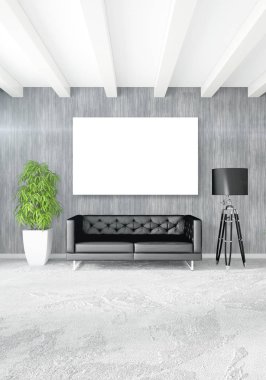 Beyaz yatak odası en az stil iç tasarım ahşap duvar ve gri Kanepeli. 3D render. 3D çizim