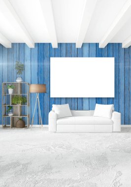 Beyaz yatak odası en az stil iç tasarım ahşap duvar ve gri Kanepeli. 3D render. 3D çizim