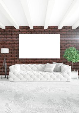 Beyaz yatak odası en az stil iç tasarım ahşap duvar ve gri Kanepeli. 3D render. 3D çizim