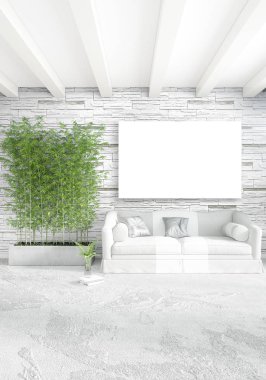 Beyaz yatak odası en az stil iç tasarım ahşap duvar ve gri Kanepeli. 3D render. 3D çizim