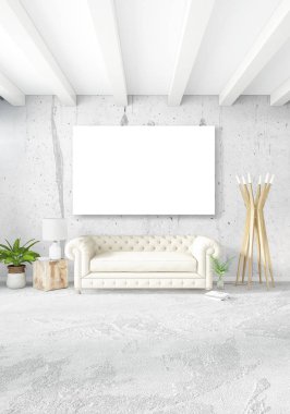 Beyaz yatak odası en az stil iç tasarım ahşap duvar ve gri Kanepeli. 3D render. 3D çizim