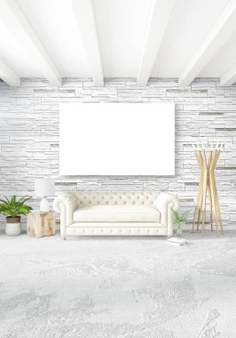 Beyaz yatak odası en az stil iç tasarım ahşap duvar ve gri Kanepeli. 3D render. 3D çizim