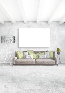 Beyaz yatak odası en az stil iç tasarım ahşap duvar ve gri Kanepeli. 3D render. 3D çizim