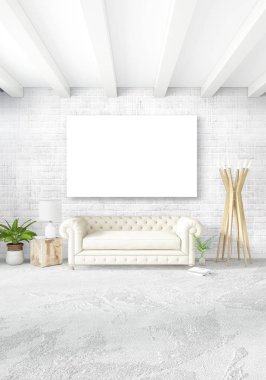 Beyaz yatak odası en az stil iç tasarım ahşap duvar ve gri Kanepeli. 3D render. 3D çizim