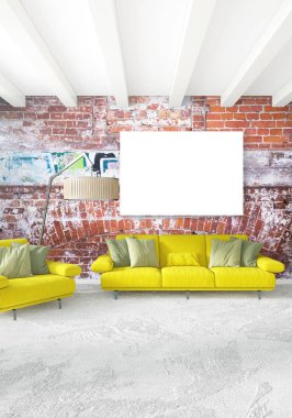 Beyaz yatak odası en az stil iç tasarım ahşap duvar ve gri Kanepeli. 3D render. 3D çizim