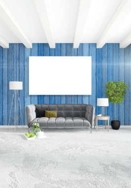 Beyaz yatak odası en az stil iç tasarım ahşap duvar ve gri Kanepeli. 3D render. 3D çizim