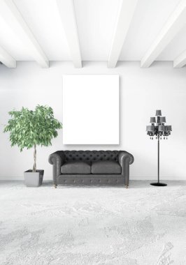 Beyaz yatak odası en az stil iç tasarım ahşap duvar ve gri Kanepeli. 3D render. 3D çizim