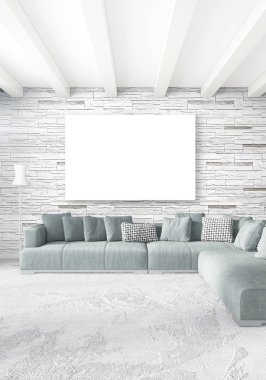 Beyaz yatak odası en az stil iç tasarım ahşap duvar ve gri Kanepeli. 3D render. 3D çizim