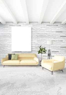 Beyaz yatak odası en az stil iç tasarım ahşap duvar ve gri Kanepeli. 3D render. 3D çizim