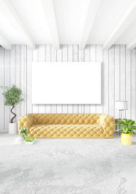 Beyaz yatak odası en az stil iç tasarım ahşap duvar ve gri Kanepeli. 3D render. 3D çizim