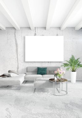 Beyaz yatak odası en az stil iç tasarım ahşap duvar ve gri Kanepeli. 3D render. 3D çizim