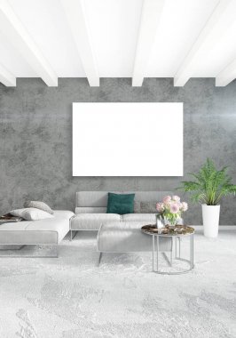 Beyaz yatak odası en az stil iç tasarım ahşap duvar ve gri Kanepeli. 3D render. 3D çizim