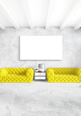 Beyaz yatak odası en az stil iç tasarım ahşap duvar ve gri Kanepeli. 3D render. 3D çizim