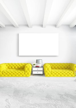 Beyaz yatak odası en az stil iç tasarım ahşap duvar ve gri Kanepeli. 3D render. 3D çizim