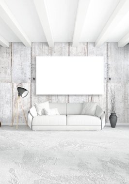 Beyaz yatak odası en az stil iç tasarım ahşap duvar ve gri Kanepeli. 3D render. 3D çizim