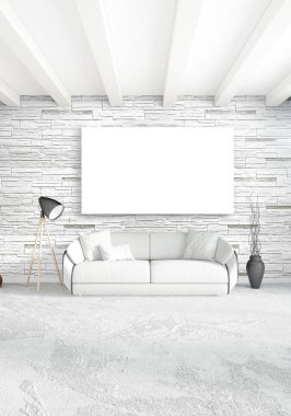 Beyaz yatak odası en az stil iç tasarım ahşap duvar ve gri Kanepeli. 3D render. 3D çizim