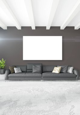 Beyaz yatak odası en az stil iç tasarım ahşap duvar ve gri Kanepeli. 3D render. 3D çizim