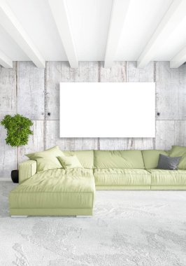 Beyaz yatak odası en az stil iç tasarım ahşap duvar ve gri Kanepeli. 3D render. 3D çizim